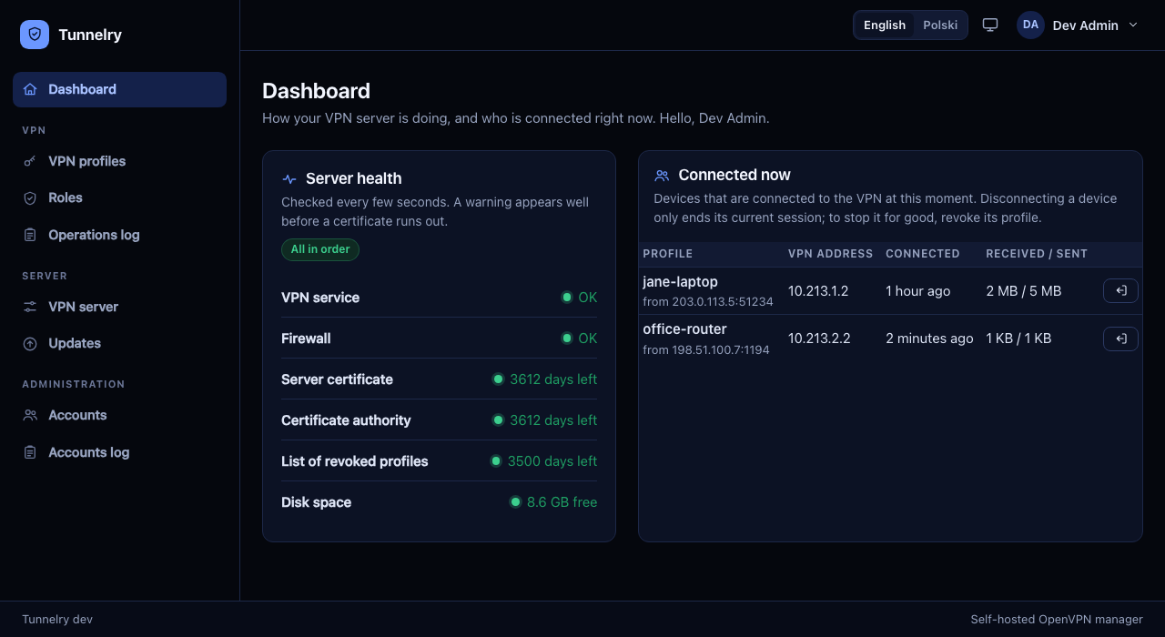 The dashboard in the dark theme