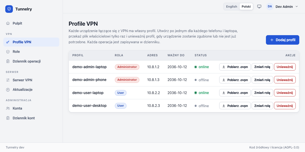 Strona profili VPN