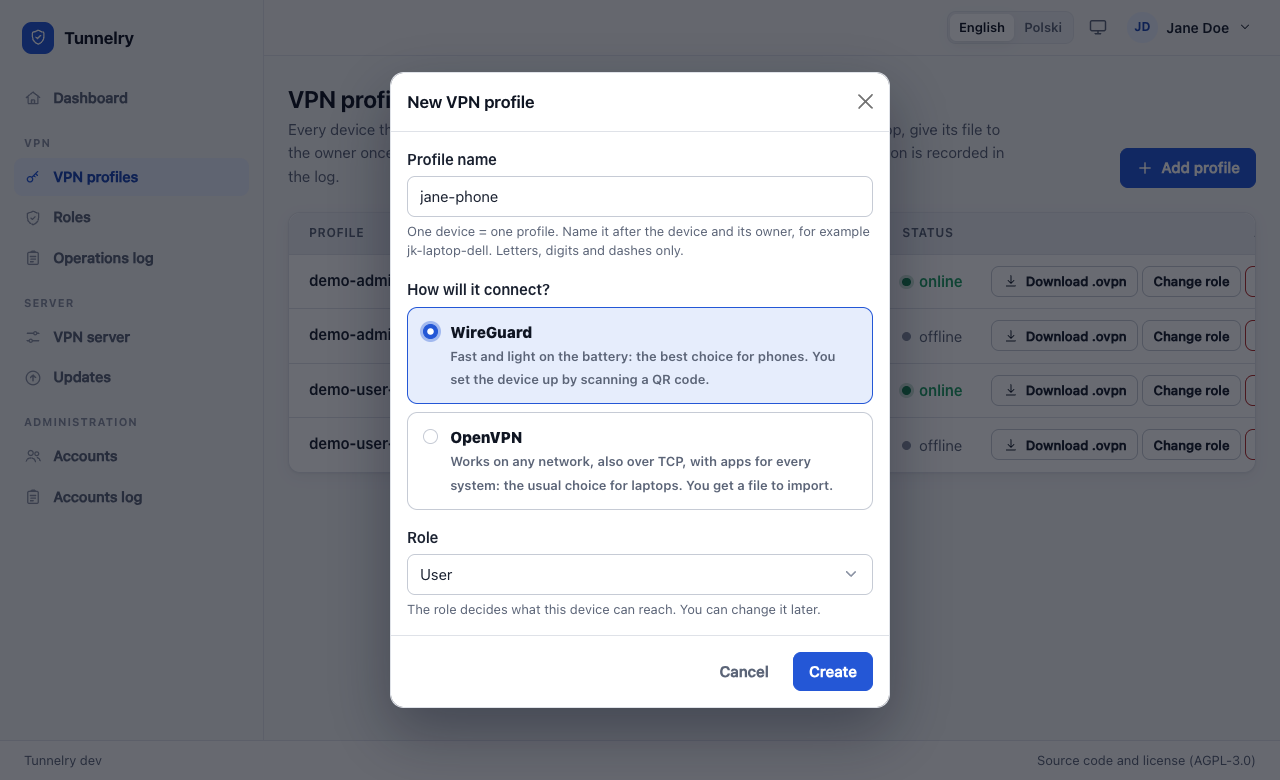 The new profile dialog with the protocol choice
