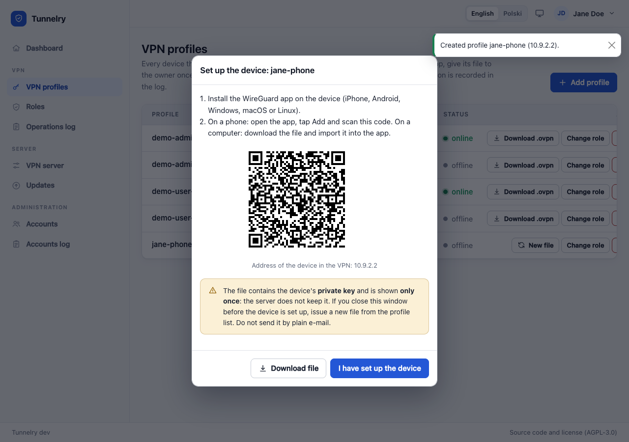 The one-time QR code of a WireGuard device